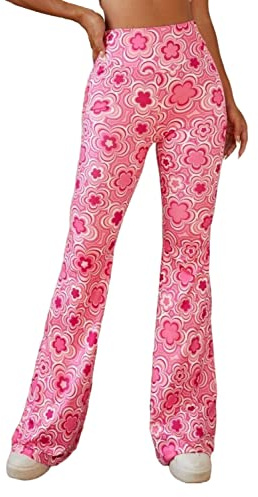 EVELUST Rave-Outfits mit hoher Taille und Glockenunterseite, elastisch, weites Bein, lässig, Bequeme Yoga-Hose, Rose, S