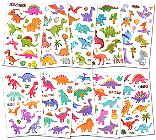 AOOWU Tatouage Temporaire pour Enfant, 10Pcs Briller Etanche Dinosaure Tatouage Ephémère Espacer Kit Tatoo, Fournitures de Fête d'anniversaire d'Autocollants de Tatouage pour Enfants