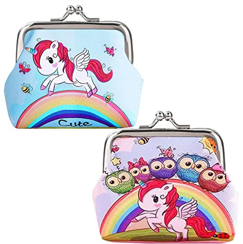 HREDZEO Einhorn Geldbörse, 2 Stück Mini PU Leder Regenbogen Brieftasche, Portable Münztasche für Kinder Geburtstag Geschenke