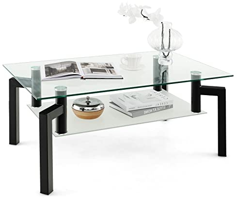 GIANTEX Table Basse Rectangulaire avec Plateau en Verre Trempé, Table d'Appoint à 2 Niveaux et Pieds en Tube Métallique, Design Élégant pour Salon, Balcon, Bureau, 100 x 60 x 43 cm, Noir