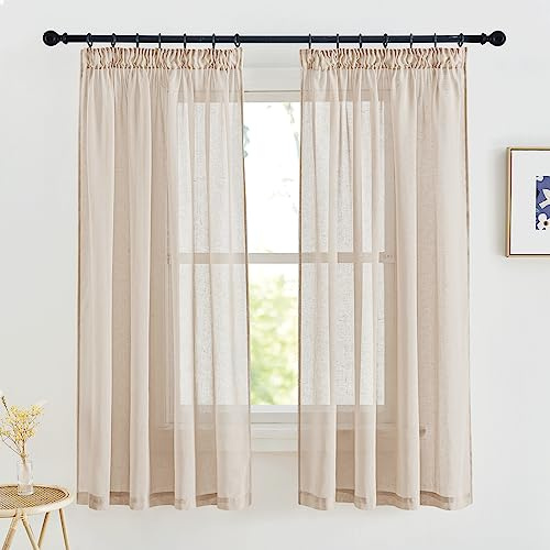 PONY DANCE Beige Vorhang Leinenoptik mit Kräuselband im Landhaussil für Küchenfenster 2er Set H 160 x B 140 cm Kurze Gardinen Halbtransparent Vorhänge