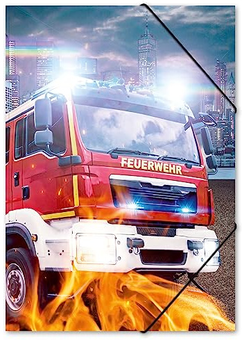 itenga Zeichenmappe DIN A3 mit Motiv aus KARTON - Motivauswahl für Jungen - Gummizugmappe Sammelmappe - für Kinder Jugendliche Schüler (Feuerwehr)