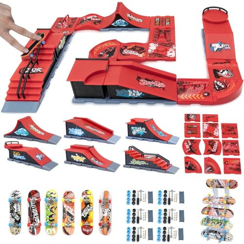 Finger Skateboards, 6 Stück Mini Skate Skateboards und Ramps Zubehör Set with 11 Kombinationen Skate Parks DIY Montage Finger-Skateboard Toys, Sammler-Skate-Rampen-Set für Skate-Liebhaber (6+11)