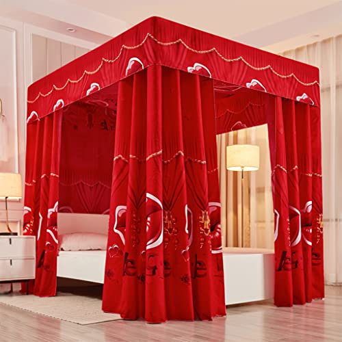 UNICOKA Romantischer luxuriöser roter Betthimmel mit 4 Eckpfosten für Mädchen und Frauen, verdickter Vorhang für Erwachsene, Hochzeit, Schlafzimmer, Kinderzimmer, Bettdekoration (Typ 2, roter Betthi