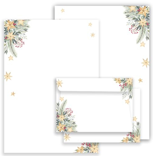 Weihnachtsbriefpapier Briefpapier/Briefumschlag Set mit grünen Zweigen und Sternen bedruckt 2 seitig A4 120 g/m² c6 80 g/m² von 10 bis 50 Blatt mit Kuvert 50 Briefpapier MIT 25 Umschlägen