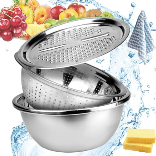 Germany Multifunctional Stainless Steel Basin, grattugia per formaggi con contenitore, acciaio inox Basin con grater, Multifunctional Stainless Steel Grater Basin, Thickened Large (11.02inch/28cm)