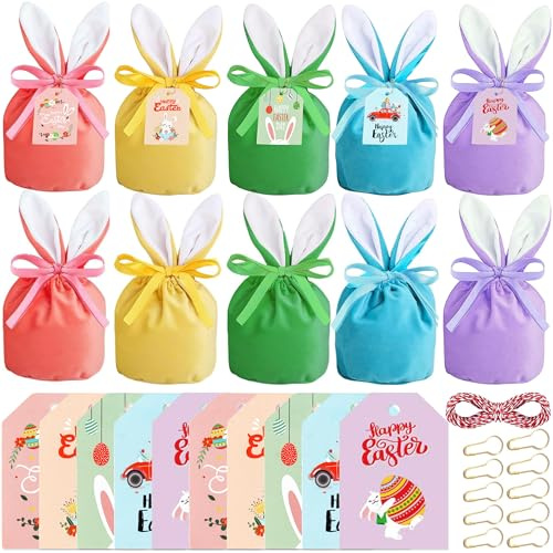 20 Stück Osterhasen Samtbeutel Set – 10 Samtsäckchen mit Ohren & 10 Geschenkanhänger, Dekorative Oster-Geschenktüten zum Befüllen für Osterfeiern & Frühlingsdekoration