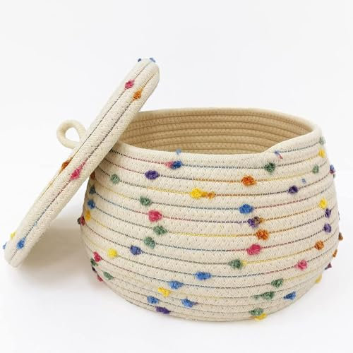 Körbchen mit deckel,Rund körbchen aufbewahrung,Boho Baumwollseil Körbchen Geflochten,korb zum Organisieren,Rope Basket,Aufbewahrungskorb für Spielzeug, Geschenke,Φ 25x16cm