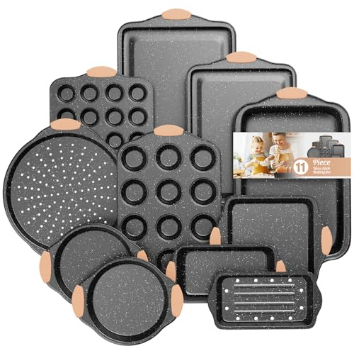 Slow Slog 11-Piece Baking Pans Set, Nonstick Bakeware Sets, Oven Pans for Baking with Silicone Handles, Includes Cookie Sheet, Cake Pans, Loaf Pan, Pizza Pan, Muffin Pan, Khaki&Black