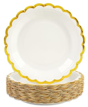 DHAIQC Piatti di carta bianco oro, 50 pezzi, 18 cm, con bordo dorato, piatti usa e getta per compleanni, matrimoni, anniversari