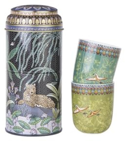 IMAGES D'ORIENT Geschenkset 2 in 1 Metalldosen mit 2 x 90ml Porcalain Espressotassen Espressobecher Moccatassen Jangala orientalisch gemustert grün/bunt