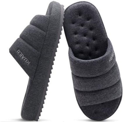 KuaiLu Mens Slippers Fabric Warm Sandals Memory Foam Indoor Outdoor House Shoes Comfortable Slip on Lightweight Soft Cushion Scuff Slipper For Man with Arch Support, Grey Size 9