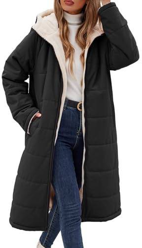 Tuopuda Manteau Femme Hiver Veste Polaire Chaud Parkas Blouson Zippée à Capuche Réversible Sherpa Casual Jacket Hooded Coat Sweat-Shirts Outercoat avec Poches, Noir, S
