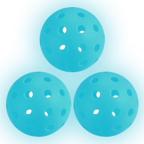 PATIKIL Bolas de Pickleball Luminosas, 40 Agujeros Que Brillan en la Oscuridad, Pack de 3 Bolas de Pickleball para Exteriores con Bolsa de Malla para Deportes, Azul Claro