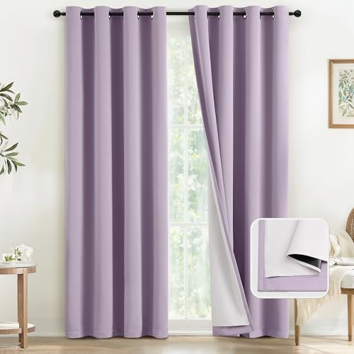 COSVIYA Lilac 100% Blackout Curtains for Bedroom with White Back, 2 Thick Layers Full Room Darkening Grommet Insulated Thermal Window Drapes 52x84 Inch, 2 Panels