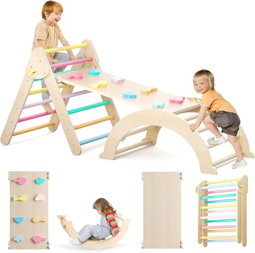 Rainbow Climbing Frame for Toddlers, Foldable Wooden Indoor Climbing Ladder with Cozy Cushion, Indoor Montessori Play Gym