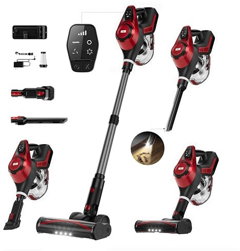 Cordless Vacuum Cleaner, 30Kpa Home Stick Vacuum, Smart Display & 1.5L Dust Cup, 55mins Max Runtime, Rechargeable Lightweight Handheld Vavuum for Pet Hair/Carpet/Hardwood Floor/Car (Red)