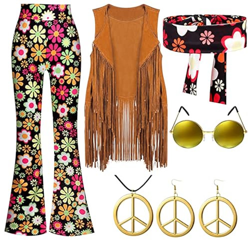 Hippie Kostüm Damen Set, 60er 70er Kleid Hippie Kleidung Frauen Mädchen Disco Kleider mit Pailletten, Mode Abba Outfit mit 60er Jahre Kostüm Zubehör Hippie Accessoires Damen KostüM 60Er Jahre Damen