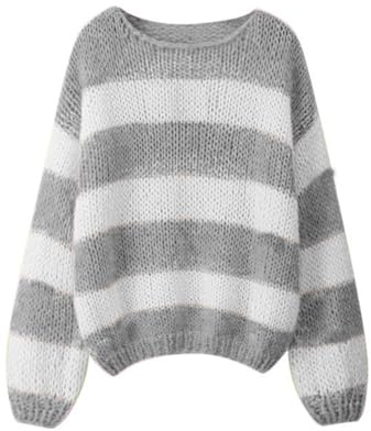 Geagodelia Women's Striped Jumper Oversized Knitted Sweater Ladies Long Sleeve Crew Neck Knitwear Pullover Top Streetwear Autumn Winter UK (Grey & White, L)
