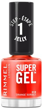 Rimmel Super Gel Jelly Gloss Nail Polish 018 Orange Sorbet | Modulable glossy colour jelly gel manicure, without base coat or UV lamp, lasting up to 2 weeks.