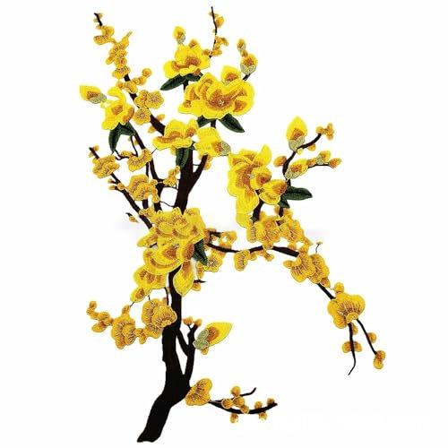 Rockreyoa Parche de flor de ciruelo, parches para planchar, parches bordados para planchar, parches para planchar, parches bordados para chaquetas, cheongsam amarillo, 6 unidades