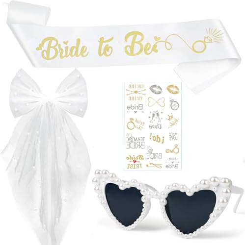 JGA Accessoires Frauen- JGA Junggesellenabschied Frauen Schleier Braut, Bride to Be Schärpe, Tatoo, Herz Sonnenbrille Perle, JGA deko Frauen für Bachelorette Party und Hochzeitsfotografie, 4 Stück
