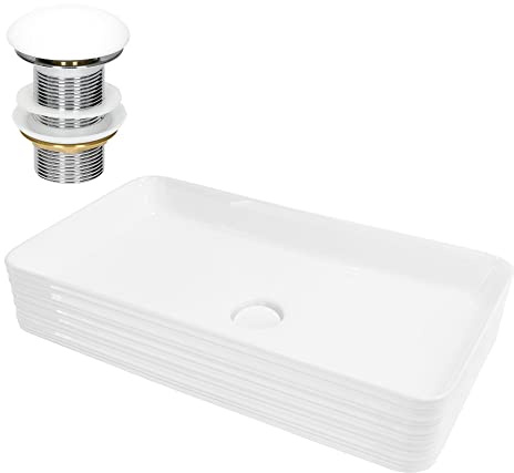 LuxeBath Lavabo da Appoggio in Ceramica Bianco Lucido Rettangolare 68x38x12 cm Lavandino con Set di Scarico in Ceramica Bianca Lavello Lavamani Piletta Drenaggio Sanitari per Bagno in Design Moderno