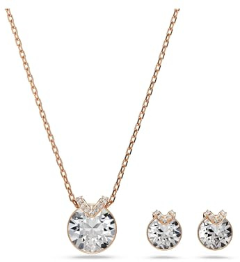 Swarovski Conjunto Bella V, Conjunto de Colgante y Pendientes, con Cristales Transparentes Redondos, Acentuados con un Toque de Pavé de Cristal Transparente, Talla redonda, Baño tono oro rosa, Blanco