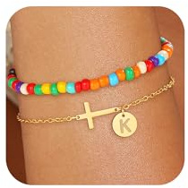 Decholly Pulseras coloridas con iniciales para mujeres y niñas, pulsera de cruz en capas, delicada pulsera de inicial, pulseras de oro para mujeres, adolescentes, niñas, regalos de moda, 6+2, Latón