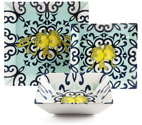 Excelsa Amalfi - Servicio de platos cuadrados de cerámica, juego de 18 piezas con decoración de limones y frios azules