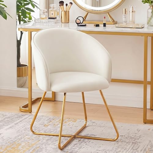 Hellove Schminktisch Stuhl mit Gold Metallbeinen, Samt Beige Comfy Schminktischstuhl, Simple Modern Sessel mit Armlehnen Zurück, Armchair, Makeup Polsterstuhl für Vanity,Wohnzimmer