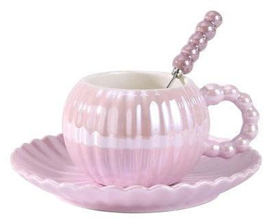 Tasses à café et soucoupes Ensemble de soucoupes de tasse à café en céramique créative de luxe léger Ensemble de soucoupes de tasse à thé en céramique émaillée nacrée avec cuillère(Light Purple)