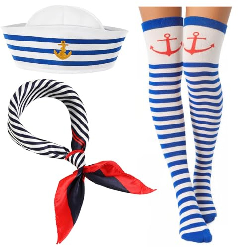 BOARDFEB 3 Pcs Yacht Sailor Costume Set, Sailor Ship Cap Scarf Sailor stockings Yacht Captain Hat Boat Costume for Women Captains Dressing up Party Halloween Party