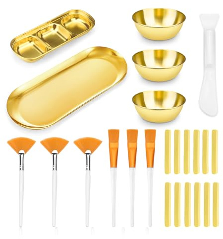 Juego de 24 cuencos y cepillos faciales para suministros de esteticista, cepillo plano y abanico para facial con cuencos para mezclar, bandeja de servir, espátula y esponja comprimida, herramienta
