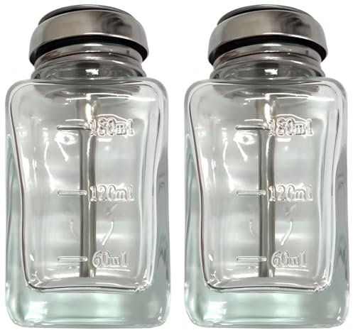 Paquete de 2 botellas de vidrio de 6 onzas con tapa de metal, dispensador transparente con marcas graduadas, almacenamiento cuadrado de líquidos para jabón, loción y aceites esenciales