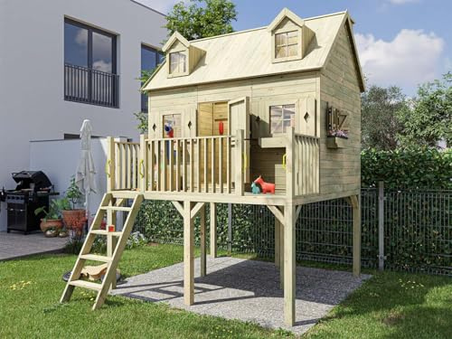 Prestige Garden Stelzenhaus Madrid KDI | 248x322x360 cm | Kesseldruckimprägniertes Kiefernholz | Mit 120 cm Podest, Veranda & Schlafboden | Kinder Outdoor Spielhaus