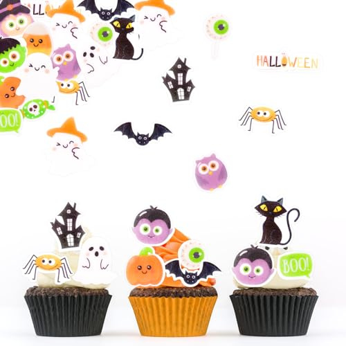 ALEGRE Essbare Tortendeko Halloween Cupcake Dekoration, 60 Stück BOO Geist Muffin Deko Halloween Deko Kuchen Essbar, Esspapier Tortendeko Kürbis Fledermaus, Essbare Kuchendeko Halloweenparty