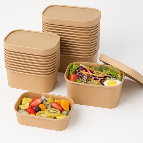 ECONX 25 X Kraft Food Containers with Paper Lids 1000ml Disposable Rectangular Takeaway Box Heavy-Duty | Leakproof and Oil-Proof Kraft Paper Salad Takeaway Box for Lunch Restaurants, Parties