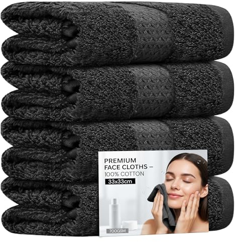 Towelogy® 4 Pack Face Cloths – 100% Combed Cotton Flannels 33x33cm – Soft Facial Towels for Cleansing, Makeup Removal & Skincare (4, Black)
