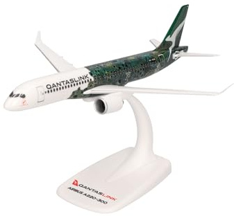 Herpa Snap-Fit flygplansmodell QantasLink Airbus A220-300 - Flying Art Series/Minyma Kutjara Tjukurpa, miniatyr i skala 1:200, samlarobjekt, modell med ställ, plast