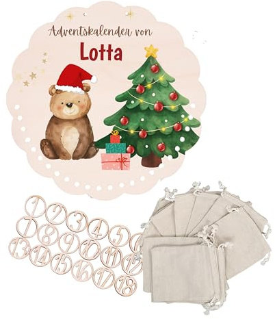 Kidsmood – Personalisierter Adventskalender 2025 aus Holz mit niedlichen Tiermotiven | Weihnachtskalender zum Befüllen mit Geschenktüten & Holzzahlen | Nachhaltige Weihnachtsdeko für Kinder & Familie