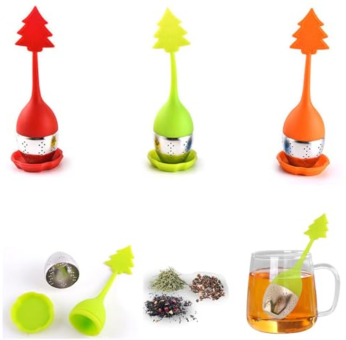 Furforstk infuseur thé 3 pièces boule a the infuseur avec soucoupe boule à thé, poignée en silicone, filtre en acier inoxydable, tea infuser pour thé en vrac et épices à vin chaud, Sapin de Noël,B