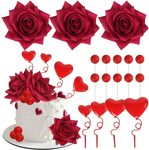 14 Pack Happy Valentine's Day Cake Decoration Red Rose Flower Cake Toppers Red Heart Cake Decoration for Baby Shower Women Girls Birthday Wedding Valentine's Day Celebration Party Supplies