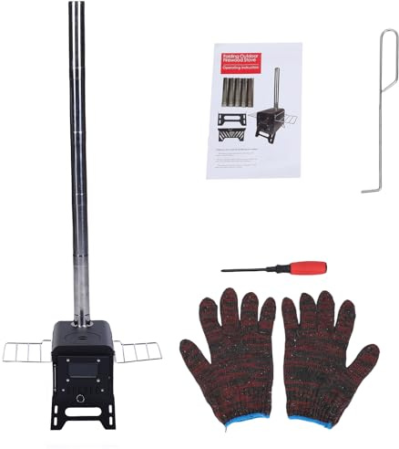 Estufa portátil para tienda de campaña, estufa de leña con tubo de chimenea de acero inoxidable ajustable, puerta de vidrio, estufas para exteriores para calentar y cocinar, pesca