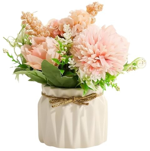 Artificial Flowers with Vase - Realistic Hydrangea Rose Fake Flowers in Pot | Silk Flowers Arrangements no maintenance required, for Home Decoration Wedding Table Living Room Bedroom Office Party Deco