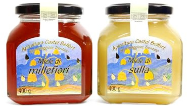 Apicoltura Castel Belfort - pack da 2 x 400gr Miele di Millefiori e di Sulla 100% Italiano, Lavorato a Freddo, Artigianale, Ideale per Merende, Formaggi e Dolci, 400 gr