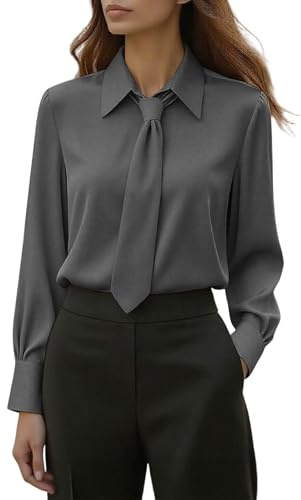 Damen Bluse mit Krawatte Vintage Satinhemd Langarm V-Ausschnitt Elegant Business Mode Locker Geschnitten Oberteil Einfarbiges Basic Shirt Stilvolle Tunika Frauen Kleidung Büro Freizeit