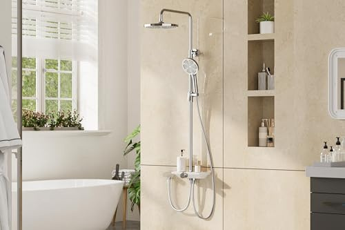 GarveeLife Modernes Duschsystem ohne Armatur – Edelstahl Regendusche 25 cm rund, höhenverstellbare Duschsäule mit Ablage, Komplettset für Badezimmer – Chromrohr, Chromdüse, weißer Wasserverteiler