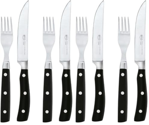 RÖSLE Steakbesteck 4-tlg., Hochwertige Steakmesser mit scharf geschliffener Klinge aus Klingenspezialstahl mit passender Steakgabel, POM, inkl. praktischer Holzbox, 25 x 11 x 4 cm (Packung mit 2)