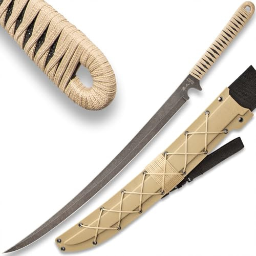 Black Ronin Combat Wakizashi Sword with Injection Molded Sheath | Stainless Steel Blade | Cord-Wrapped Handle (Tan)